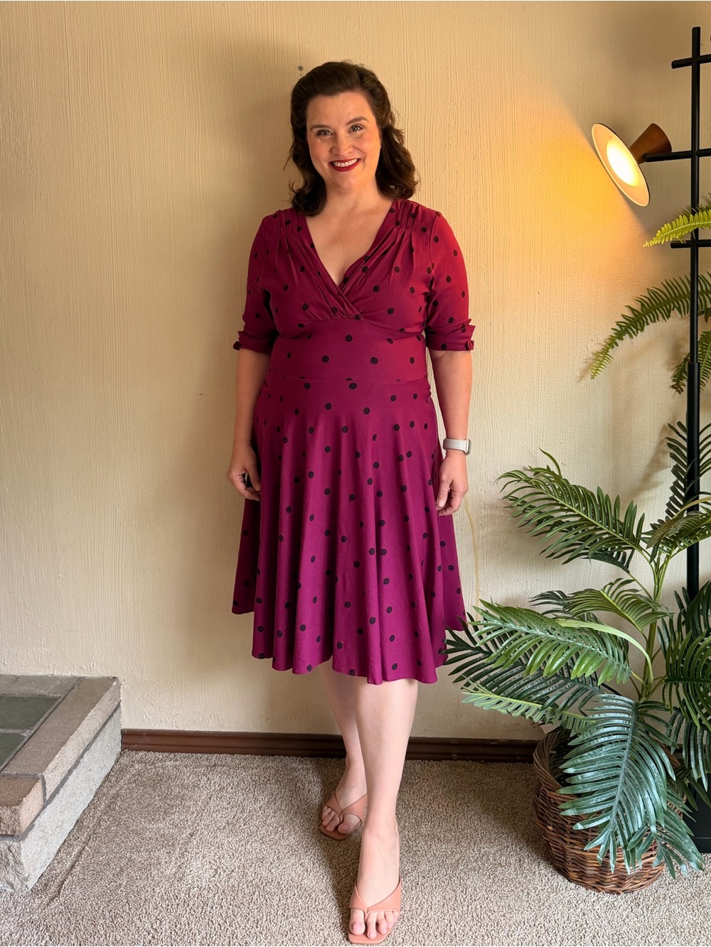 💋 Unique Vintage Delores Magenta Polka Dot Swing Dress Pinup •Size L